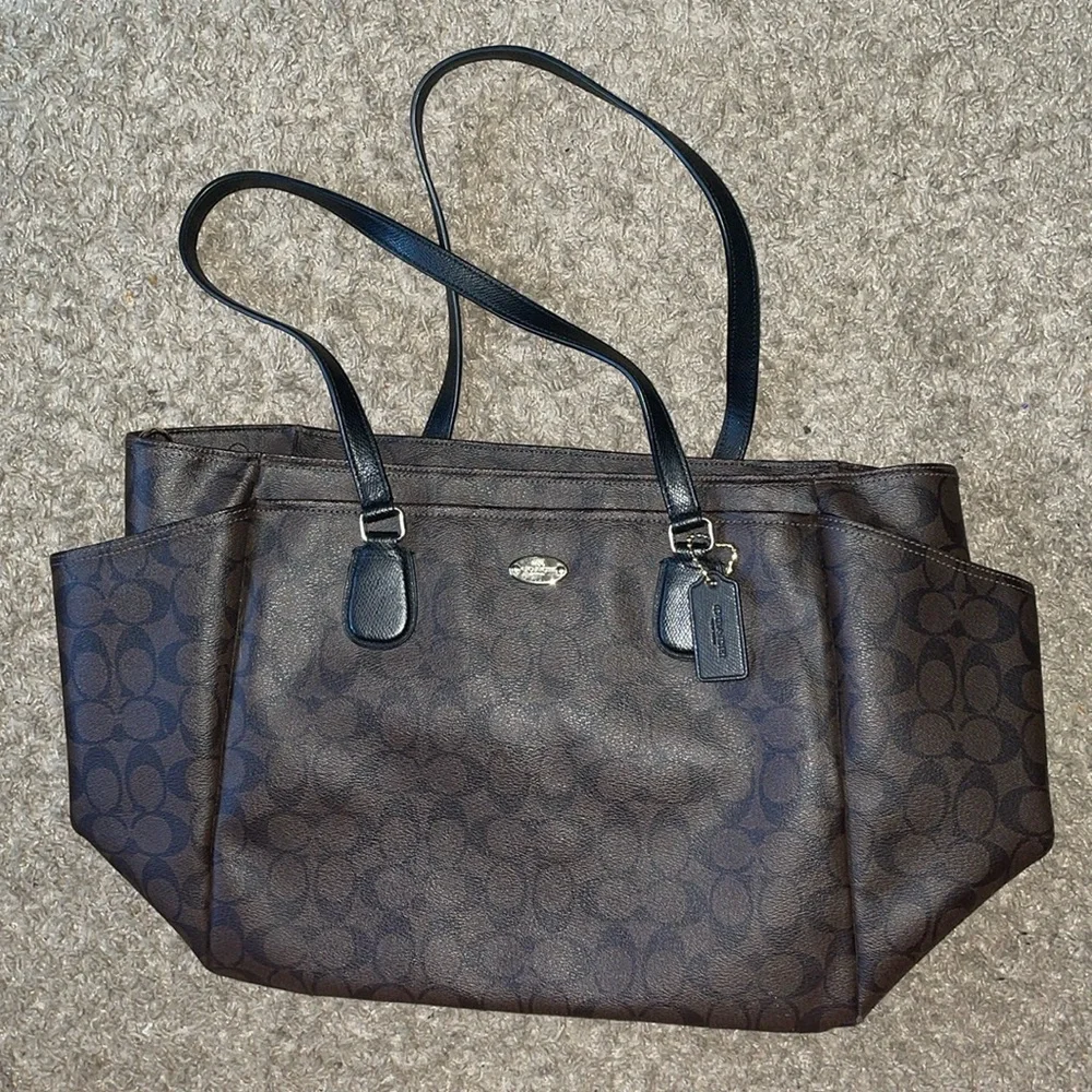 Coach brown diaper travel signature canvas leather tote bag